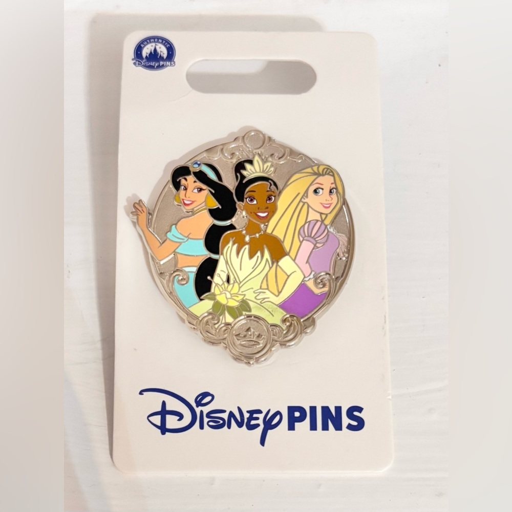 Disney Princess Enamel Pin - Jasmine (teal), Tiana (yellow), Rapunzel (purple)